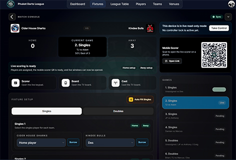 Phuket Darts League live match console preview